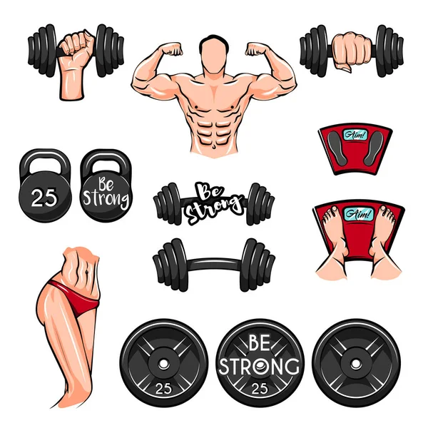 Juego de ejercicios. Deporte. Gimnasio tema ilustraciones creadas con pesas, pesas de disco deporte. Vector . — Vector de stock