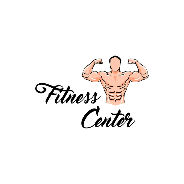 Fitness center etikett logotyp. Bodybuilder Fitness modell, Man med muskler. Vektor. — Stock vektor