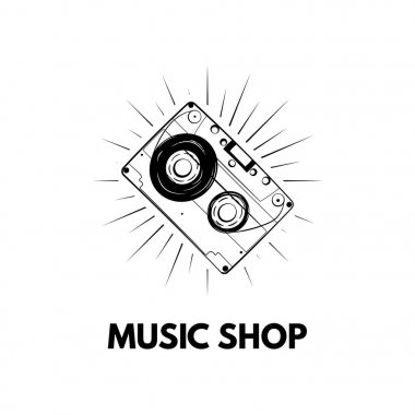 Kaset simgesi, teyp. Müzik dükkanı logo etiket. Vektör çizim