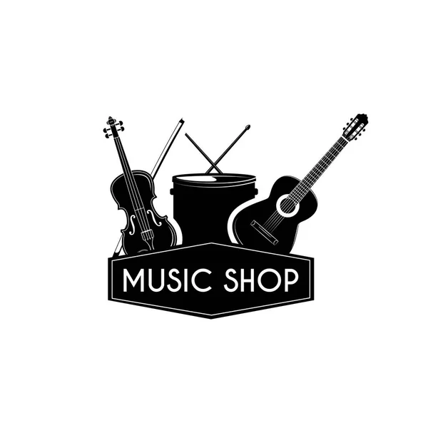 Violín de tambor guital. etiqueta del logotipo de la tienda de música. Juego de instrumentos musicales. Vector . — Vector de stock