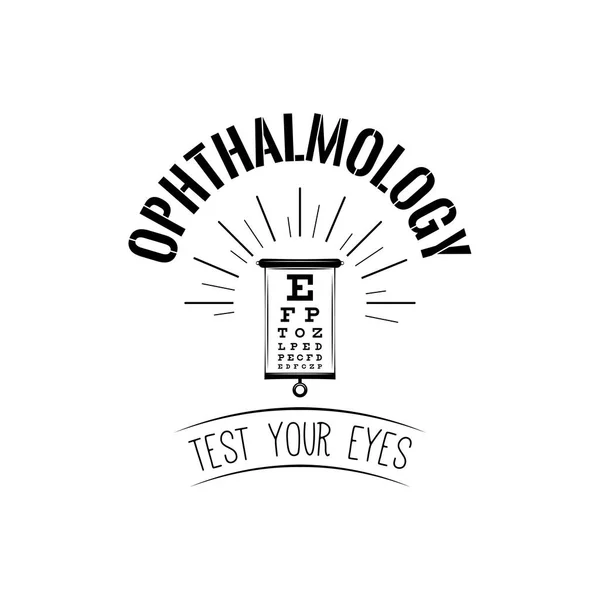 Tabla de pruebas de visión. Examen ocular. Prueba de cartas oculares. Etiqueta del logotipo de oftalmología. Vector . — Archivo Imágenes Vectoriales