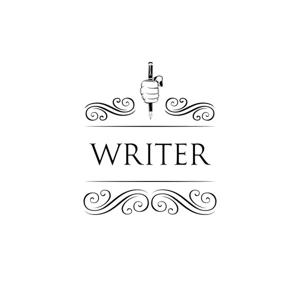 Piuma. Penna vintage. Logo dello scrittore. Rotolamenti, confine con i felegree. Decorazione. Vettore . — Vettoriale Stock