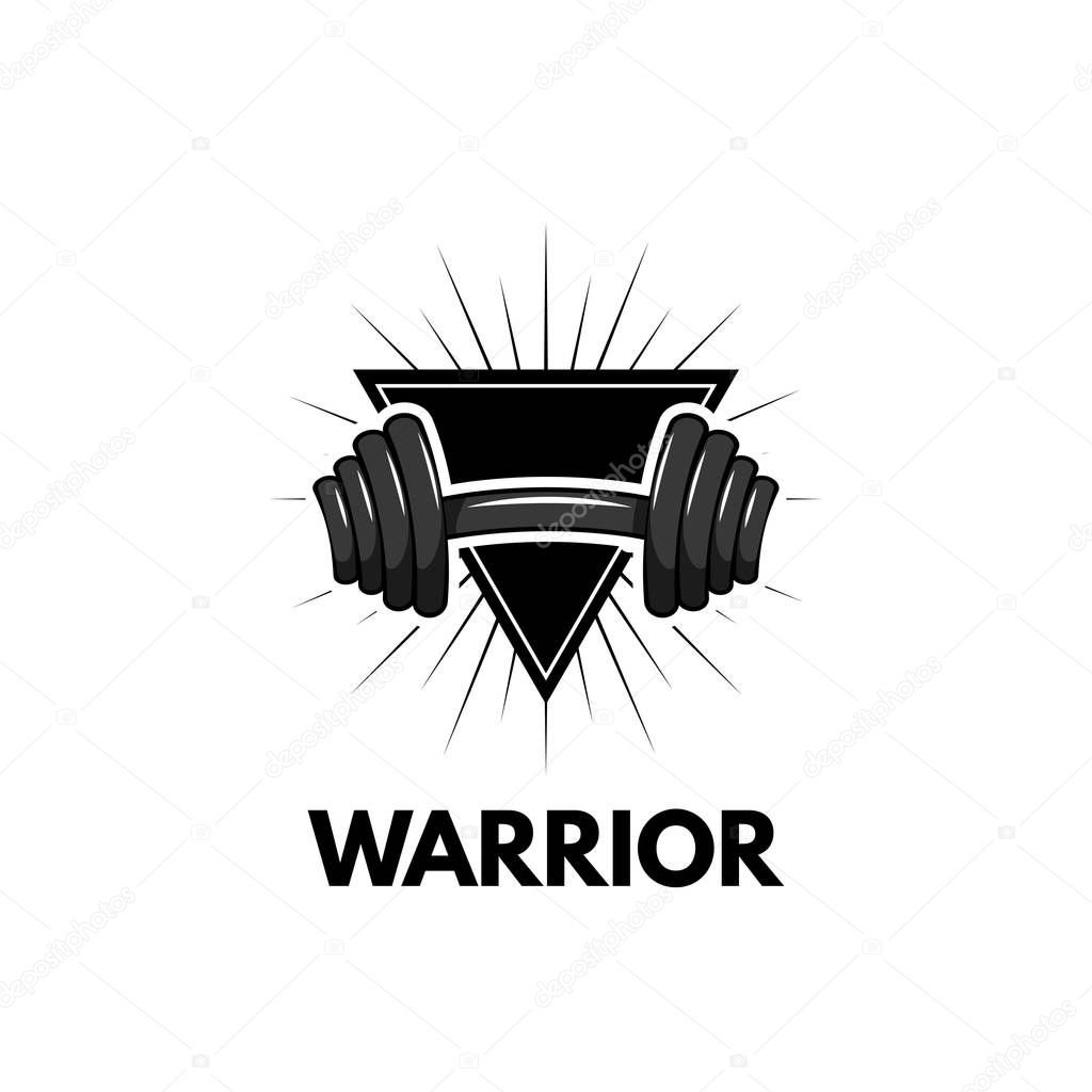 Dumbbell. Triangle. Sport badge. Fitness center logo. Warrior text. Vector illustration Train logo