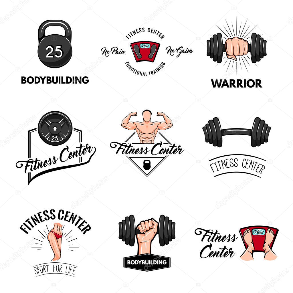 Dummbell Muscles Barbell Kettlebell Gym. Fitness center logo label set. Sport. Vector.