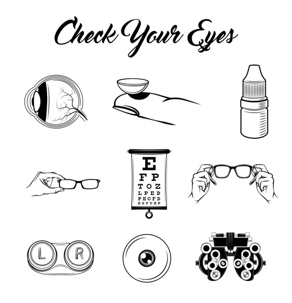 Auge, Linsen, Brille, Sehtesttisch. Augenuntersuchung. Optik eingestellt. Ophthalmologie-Symbole gesetzt. Vektor. — Stockvektor