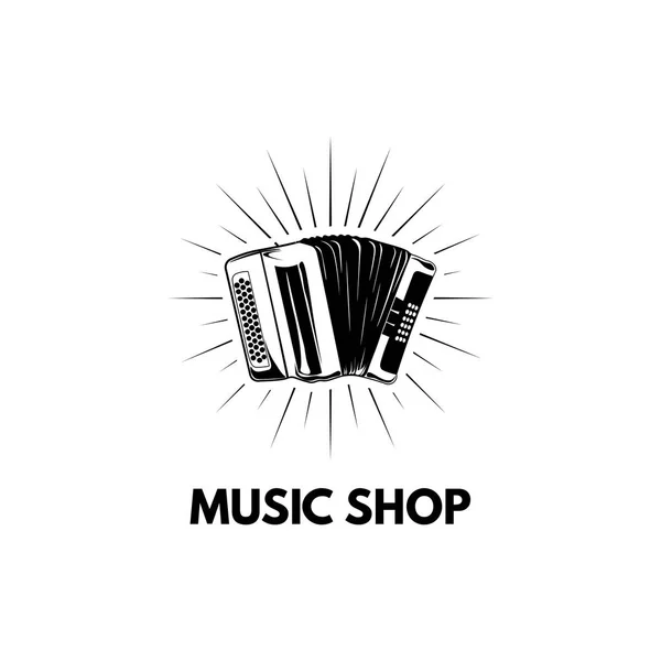 Acordeón, Bayan. etiqueta del logotipo de la tienda de música. Instrumento musical. Vector — Vector de stock