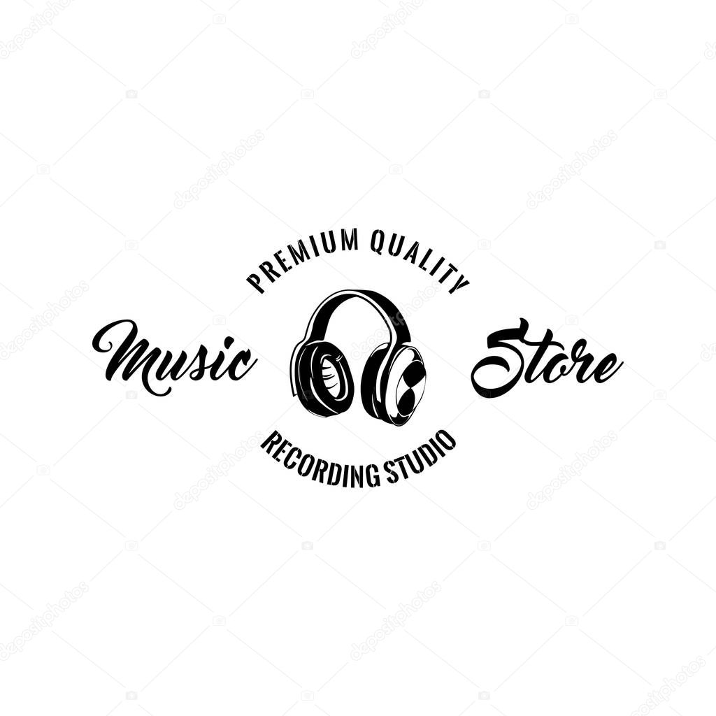 Headphone icon. Music store logo. Music shop label. Premium quality text. Vector.