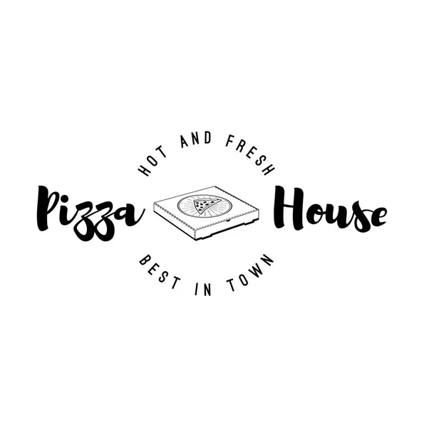 Pizzerie dům logo. Pizza Box Label. Tradiční italské kuchyně. Vektorové ilustrace. — Stockový vektor