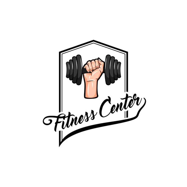 Dumbbell icon. Hand. Fitness center logo. Barbbell. Fist. Sport badge. Vector. — Stock Vector
