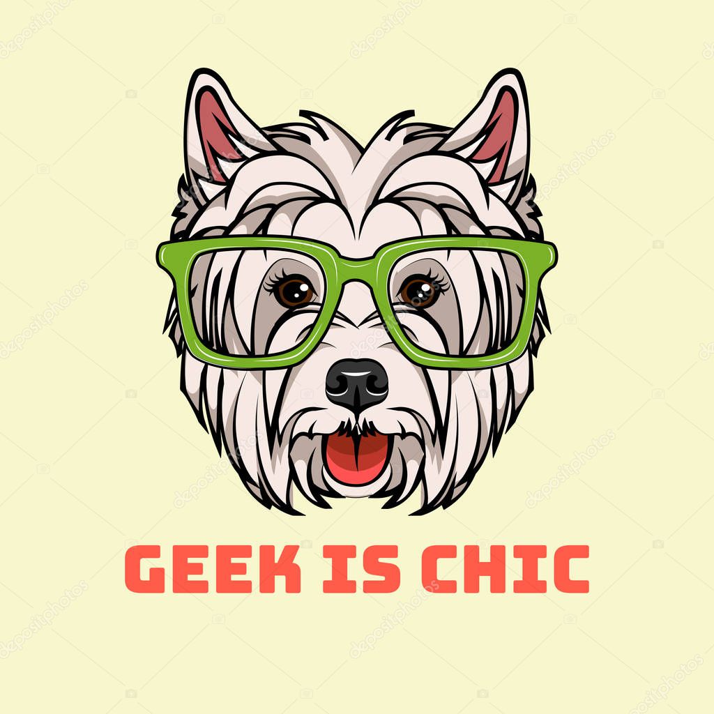 West Highland Terrier. Smart glasses. Dog geek. Vector. Geek in chic text