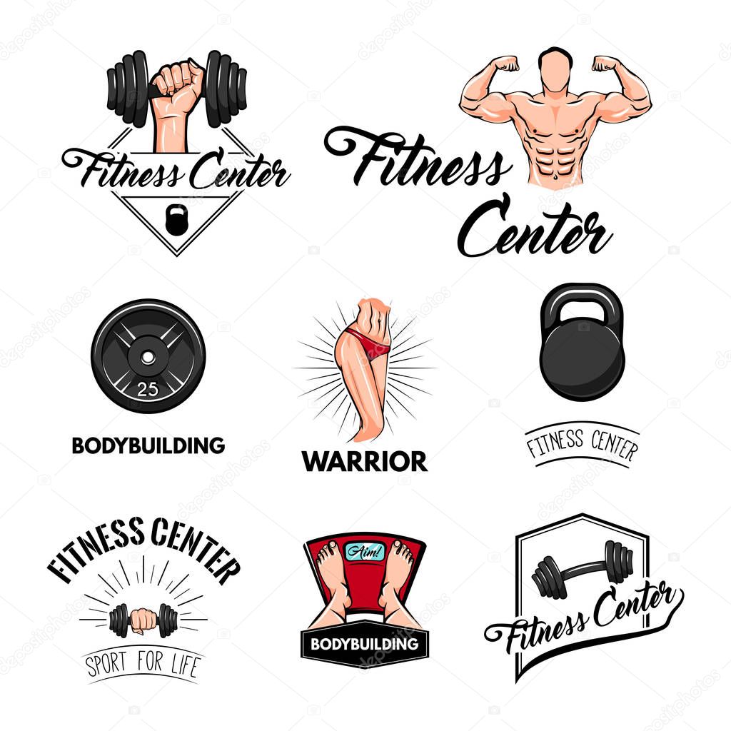 Sport set. Bodybuilder, barbbell, dumbbell, scales. Gym set. Fitness elements. Vector illustration Athletic body Sport Train logo label