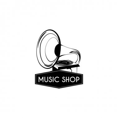 Gramofon simgesi. Müzik dükkanı logosunu görmeniz gerekir. Müzik mağazası etiket amblemi. Vektör.
