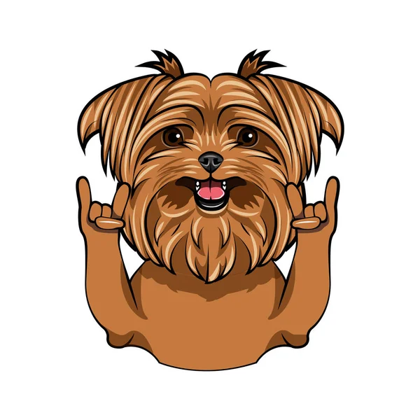 Yorkshire Terrier Dog. Um gesto de rock, Horns. Raça de cães. Vetor . — Vetor de Stock
