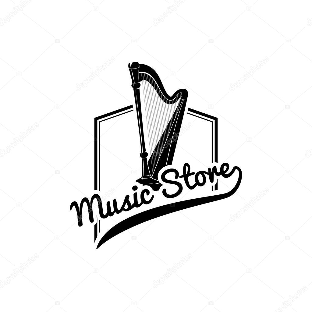 Harp icon. Music store logo label emblem. Musical instrument. Vector.