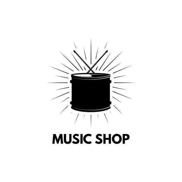 Icono del tambor. etiqueta del logotipo de la tienda de música. Instrumento musical, batería. Vector . — Vector de stock