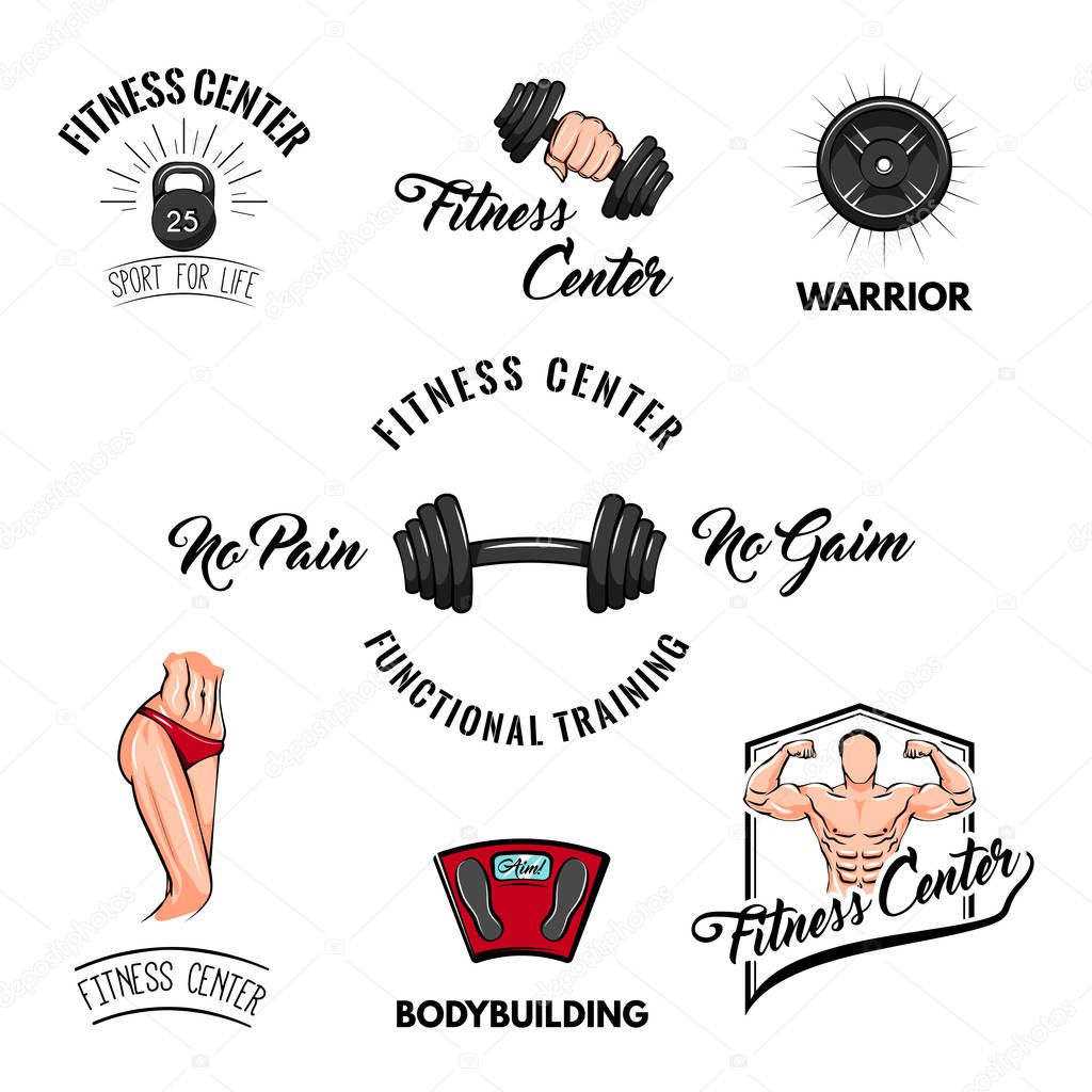 Sport icons set. Fitness center logo label. Dumbbell, barbell, Bodybuilder, Sportsman, floor scale. Fintess badges Training motivation Vector