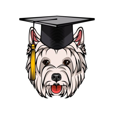 Batı dağlık beyaz korkunç köpek yüksek lisans. Mezuniyet şapka kap. Köpek doğurmak. Vektör.