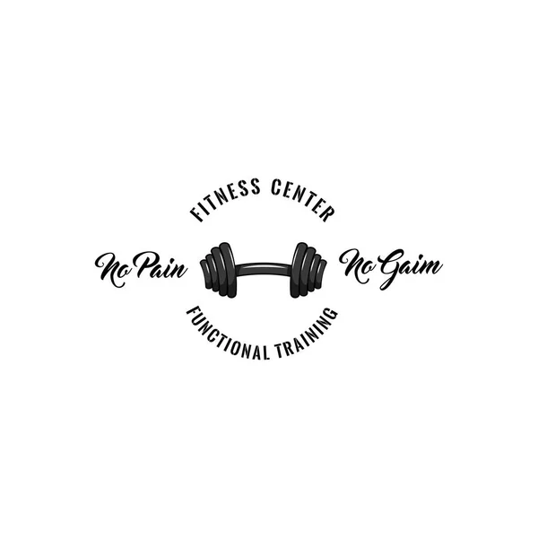 Barbel gym badge. Fitness center label emble. Dumbbell icon. Sport logo. No pain no gain text. Vector.