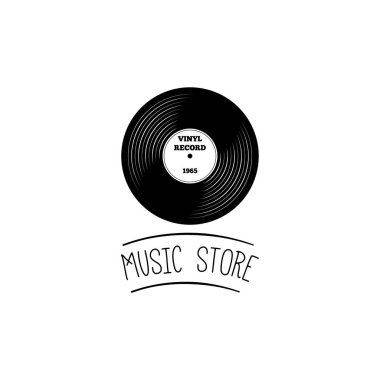 Vintage Vinil kaydı. Müzik mağazası etiket amblemi logosu. Müzikal rozeti. Vektör.