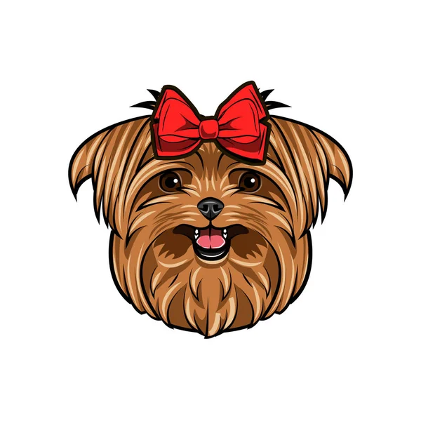 Yorkshire terrier köpek kafası. Yay. Yorkshire terrier başında kırmızı yay ile dekore edilmiştir. Sevimli köpek portre. Vektör.