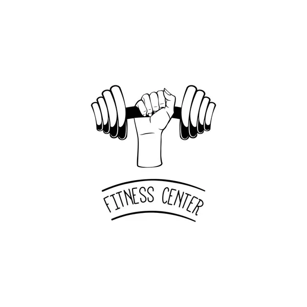 Icono de mancuerna. Logo etiqueta centro de fitness. Mano. Puño. Insignia deportiva. Vector . — Vector de stock