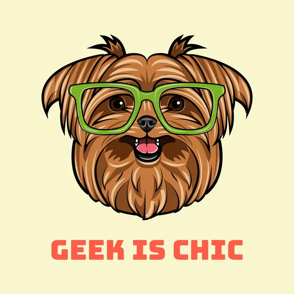 Σκυλί Yorkshire Terrier geek. Έξυπνα γυαλιά. Geek είναι σικ γράμματα. Διάνυσμα. — Διανυσματικό Αρχείο