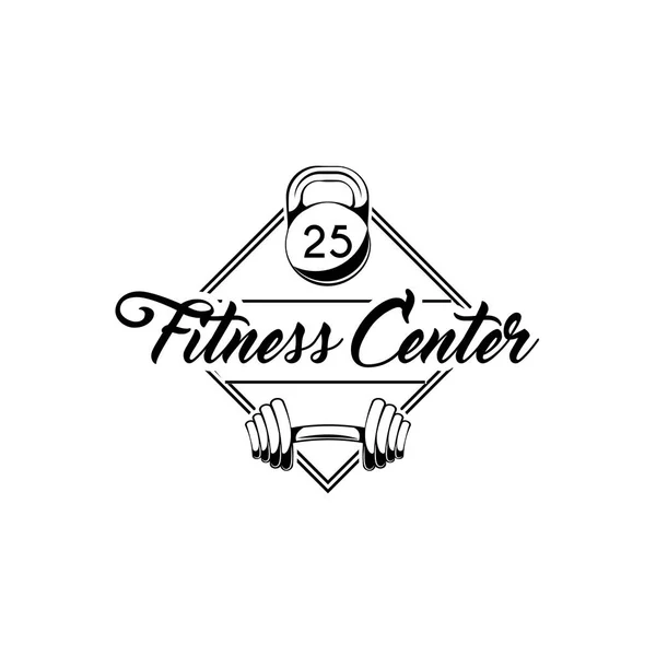 Fitness Center Logo Emblem Etikett. Kettlebell, Kurzhantelgewicht, Sportgeräte. Vektor. — Stockvektor