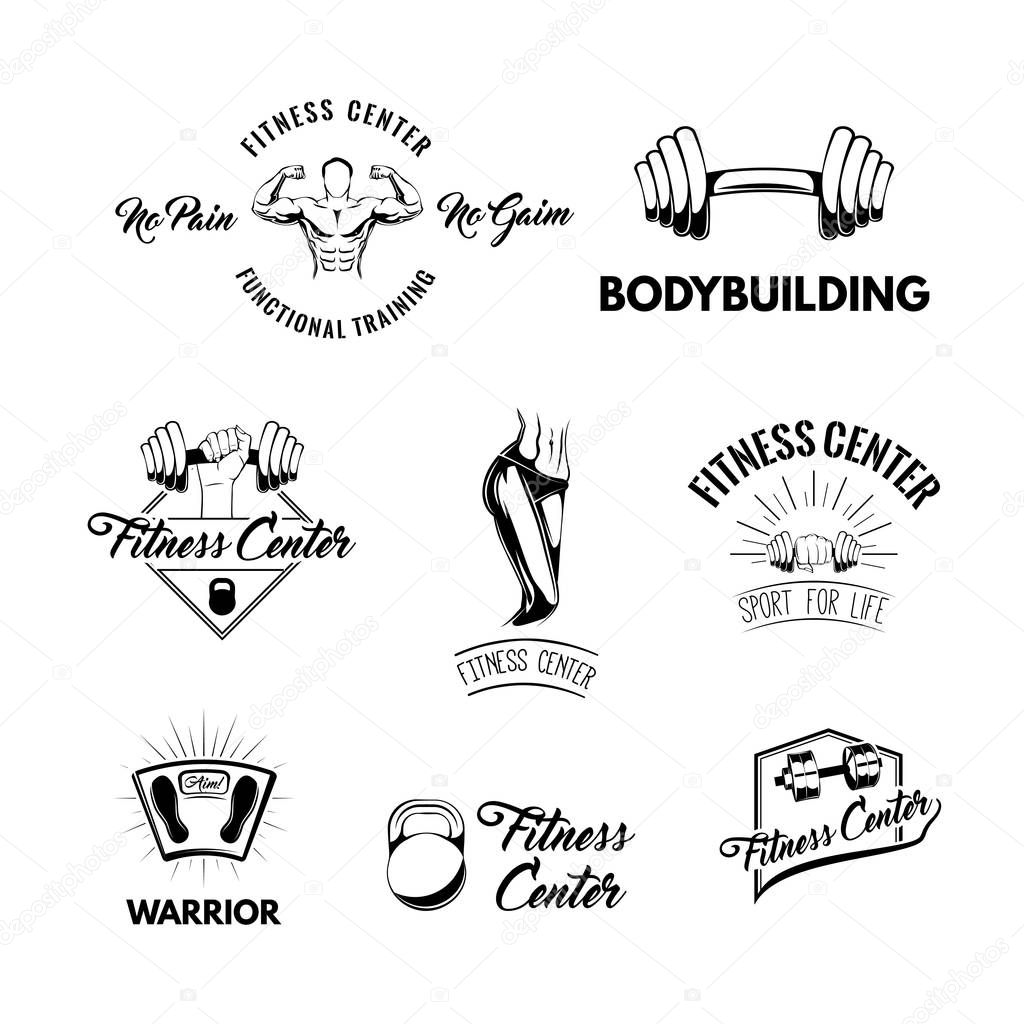 Sport icons set. Fitness center logos labels. Athletic body, Kettlebell, Barbell, Floor scale, Bodybuilding, Dumbbell. Sport equipment collection Vector illustration