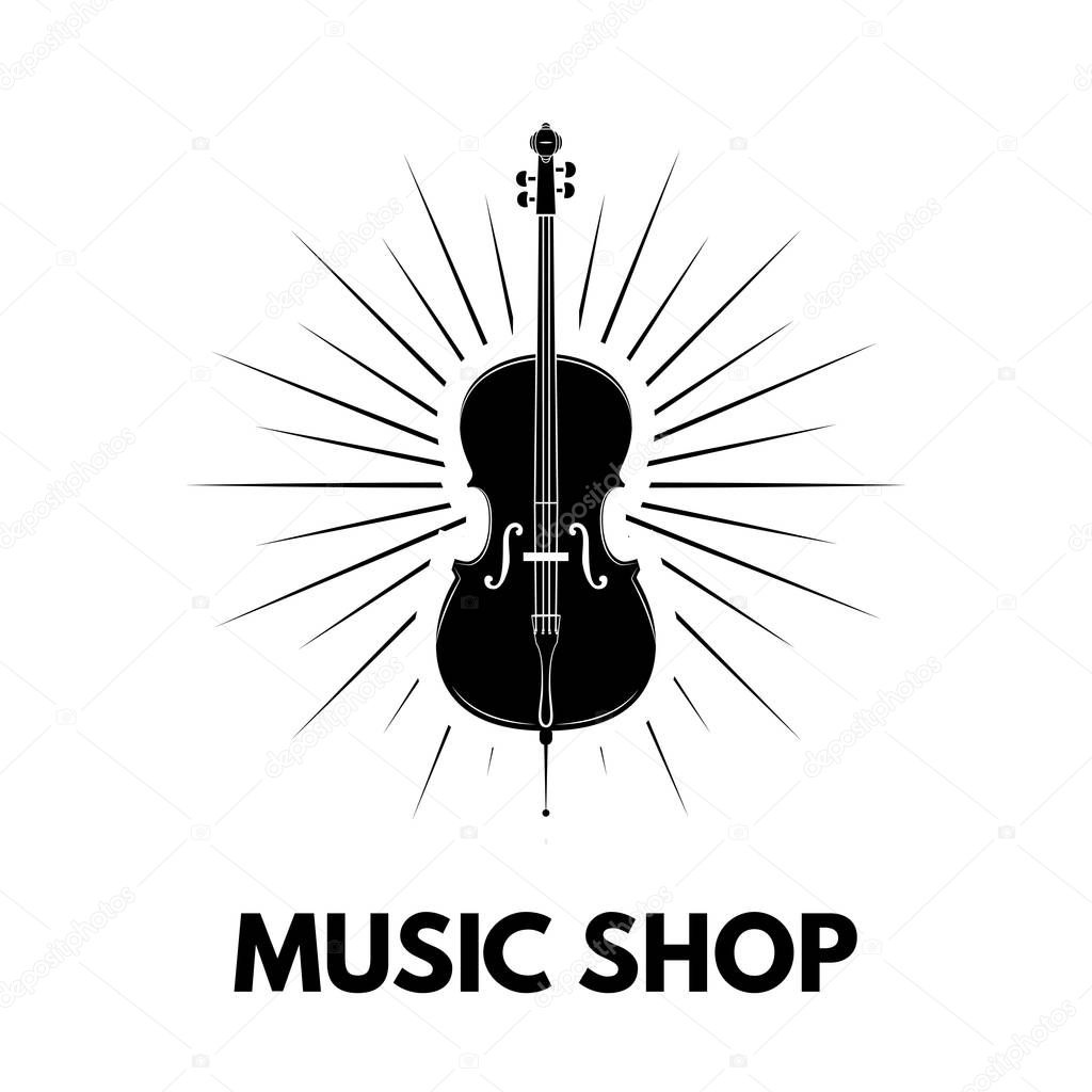 Violin icon. Beams. Music shop logo design. Music store label emblem. Musical instrument. Vector.