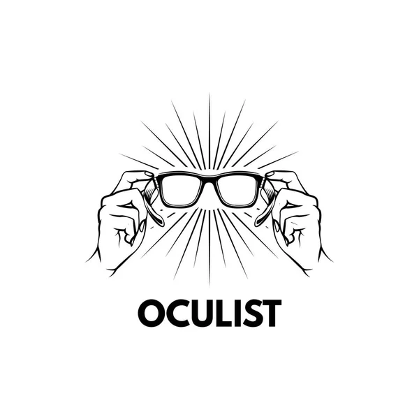 안경입니다. 손입니다. Oculist 레이블 로고 엠 블 럼 디자인입니다. 광선입니다. 손 들고 안경입니다. 벡터 일러스트 레이 션 — 스톡 벡터