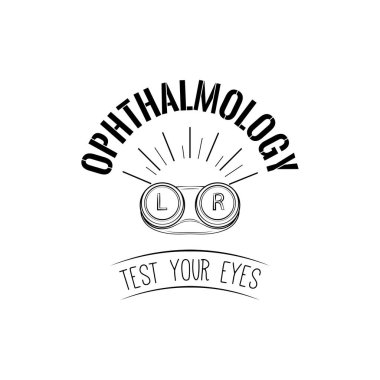 Kontakt lens kabı. Lensler durumda. Oftalmoloji etiketi logosu. Gözleri metninizi sınayın. Vektör.