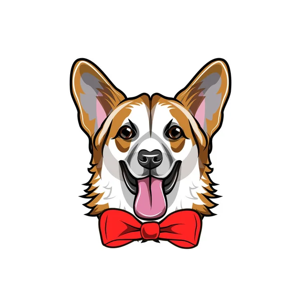 Retrato de cão Corgi galês. Arco. Raça de cães. Cão sorridente. Arco vermelho decorativo. Vetor . —  Vetores de Stock