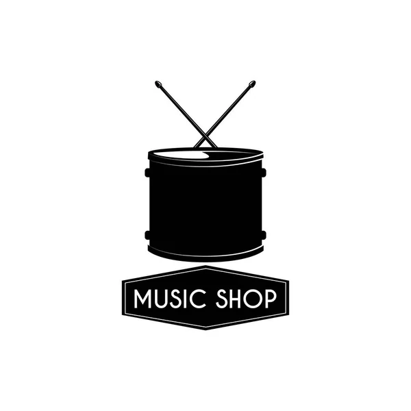 Icono del tambor. Etiqueta del logotipo de la tienda de música. Instrumento musical. Vector . — Vector de stock