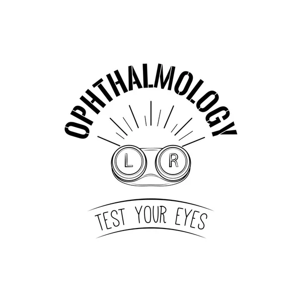 Kontaktlinsenbehälter. Linsengehäuse. Ophthalmologie-Etikett. Testen Sie Ihre Augen Text. Vektor. — Stockvektor