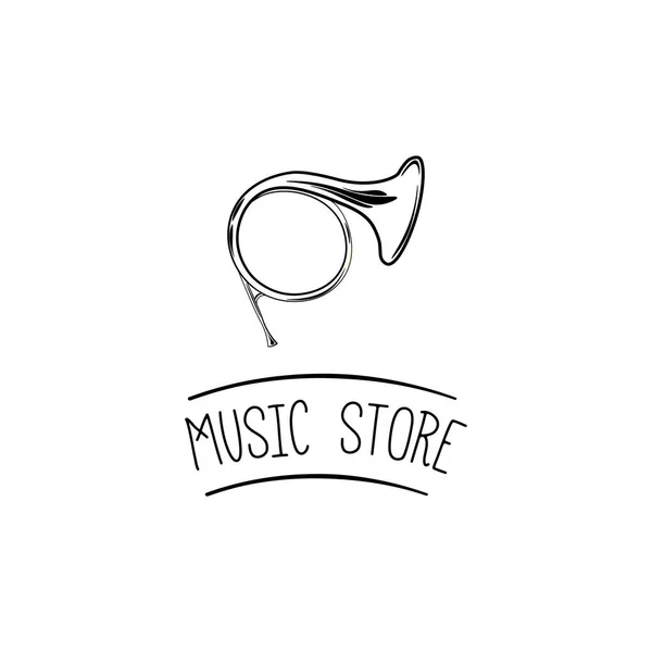 Icono del cuerno. Etiqueta de tienda de música. Logo de la tienda de música. Instrumento musical de viento. Vector . — Vector de stock