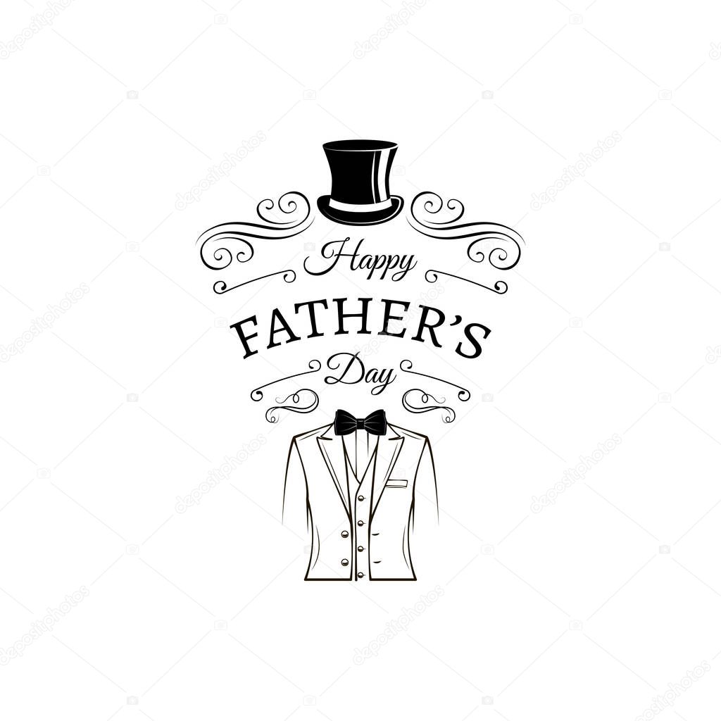 Fathers day card. Top hat, Tuxedo, Bow tie. Dad ggreeting. Elegant suit. Greeting card. Swirls, decorative scroll, filigree frames. Happy Fathers day greeting card. Vector.