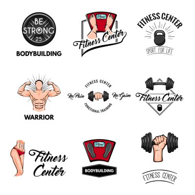 Fitness Merkezi etiketleri ayarlama. Halter, Kettlebell, vücut geliştirmeci, atletik vücut, kat ölçek. Spor araçlar. Spor salonu ekipman. Vektör.