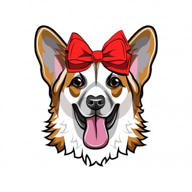 Galce corgi. Kırmızı yay. Köpek gülümsüyor. Corgi şirin portre. Vektör.