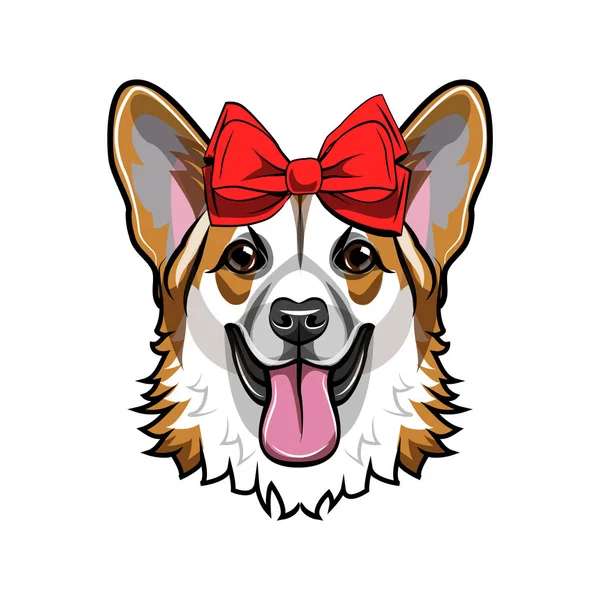 Corgi gallois. Arc rouge. Chien souriant. Corgi mignon portrait. Vecteur . — Image vectorielle