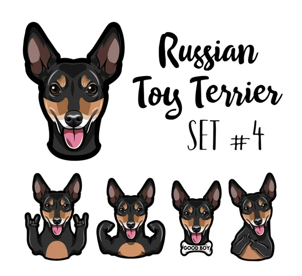 Yoy terrier ruso. Gestos listos. Hueso, dedo medio, hueso, músculos, gesto de roca, cuernos. Vector . — Vector de stock