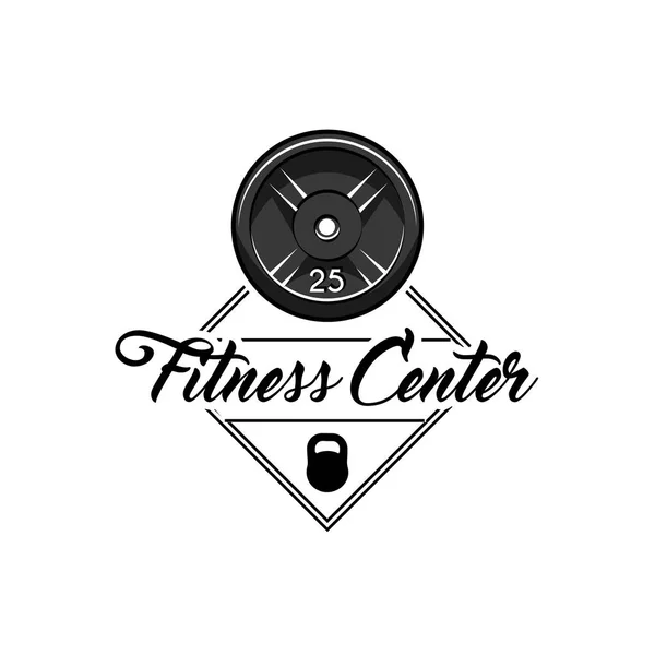 Barbell disks, Kettlebell. Fitness center label logo emblem. Sport equipment. Vector. — Stock Vector