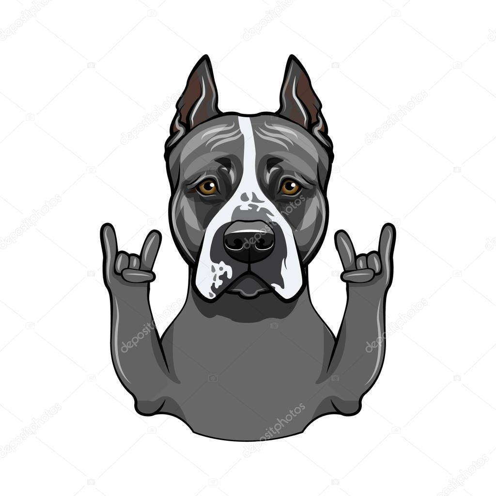 Staffordshire terrier. Horns, Rock gesture. Dog breed. Vector.