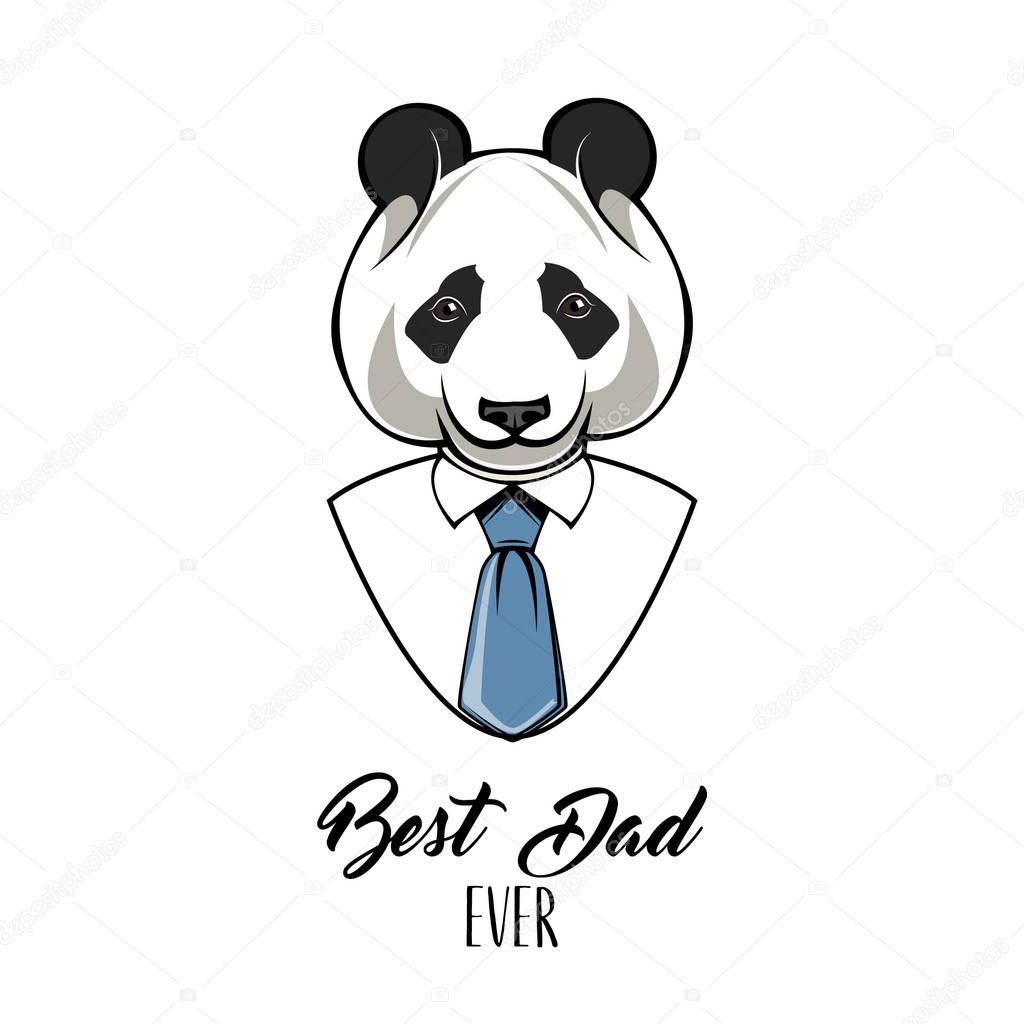 Panda dad. Fathers day card. Best dad ever inscription. Panda bear wearing in mens shirt and tie. Vector.