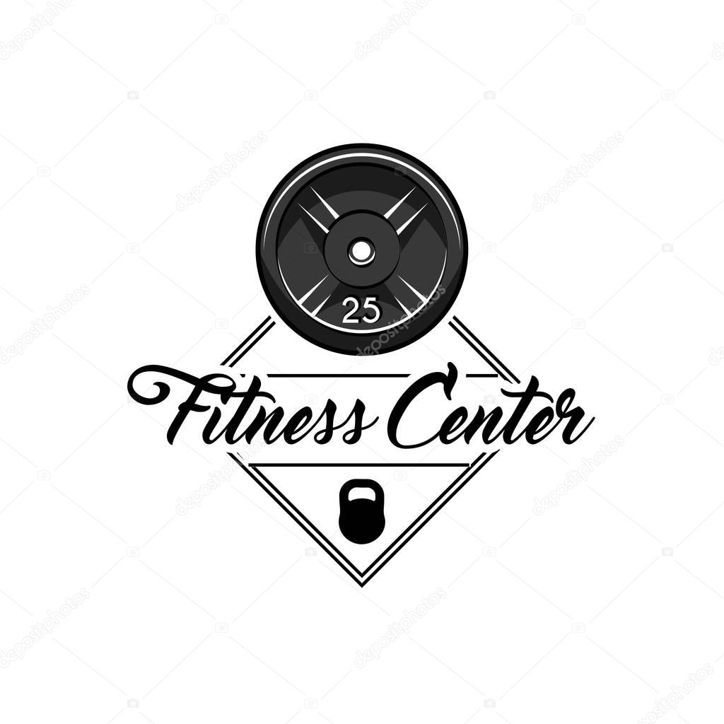 Barbell disks, Kettlebell. Fitness center label logo emblem. Sport equipment. Vector illustration