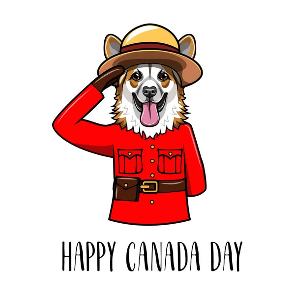 Corgi galês. Feliz Dia do Canadá. Royal Canadian Mounted Police (em inglês). Cartão de felicitações. Vetor . — Vetor de Stock