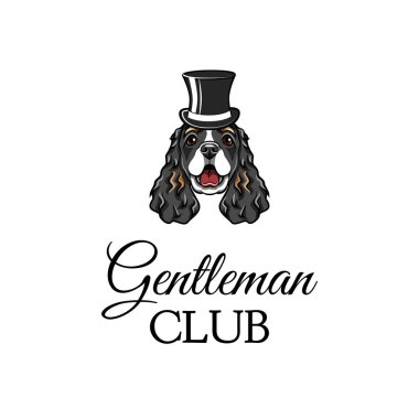 İngiliz Cocker Spaniel beyefendi. Silindir şapka simgesi. Beyefendi club yazıt. Vektör.