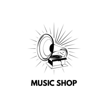 Gramofon simgesi. Müzik dükkanı logosunu görmeniz gerekir. Vintage müzik aygıt. Müzik mağazası etiket. Vektör.