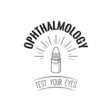 Göz damla şişe simgesini. Oftalmoloji etiket. Gözlerini yazı sınayın. Vektör.