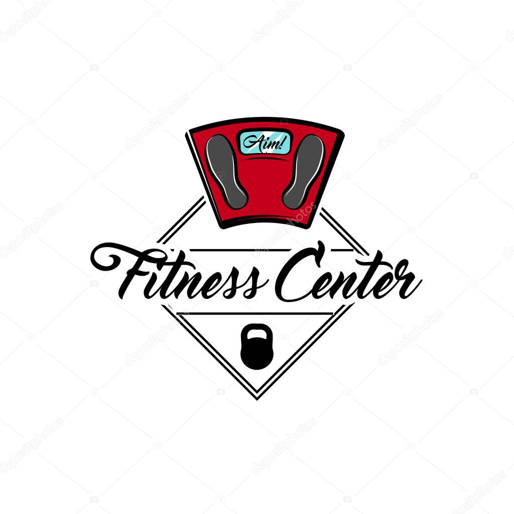 Weight scale icon. Kettlebell. Fitness center label logo. Waight loss motivation. Vector illustration