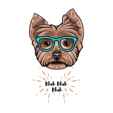 Yorkshire terrier inek. Akıllı gözlük. Köpek geek portre. Vektör.
